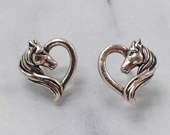 Silver Horse Earrings, Horse Studs, Silver Horse Jewelry, Pony Gift Girls, Pony Earrings, Horse Heart Jewelry, Silver Equestrian Jewelry
