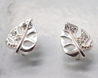 Monstera Earrings, Crystal Monstera Studs, Silver CZ Monstera Earrings, Leaf Earrings, Monstera Jewelry, Plant Earrings, Plant Jewelry