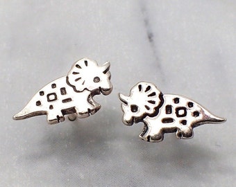 Triceratops Earrings, Silver Dinosaur Earrings, Women's Dinosaur Jewelry, Kids Dinosaur Earrings, Triceratops Jewelry, Silver Dinosaur