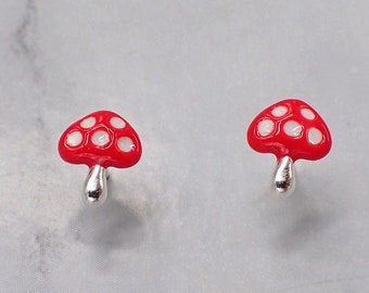 Tiny Silver Mushroom Earrings, Red Toadstool Suds