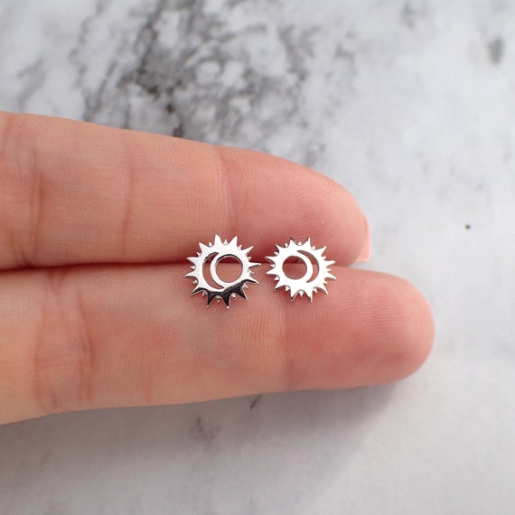 Sun and Moon Stud Earrings, Silver Moon Sun Studs, Celestial