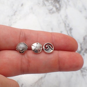 Ocean Earring Set, Sand Dollar Shell Wave Earrings, Silver Beach Studs, Sea Life Jewelry, Teen Earrings, Sterling Stud Set image 5