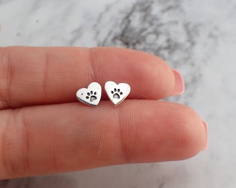 Heart Paw Print Earrings, Dog Paw Earrings, Cat Paw Earrings, Silver Paw Print Earring Studs, Pet Bereavement Gift, Heart Pet Earrings, Paw