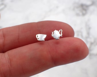 Tea Pot Tea Cup Earrings, Tea Time Earrings, Tea Pot Studs, Silver Tea Earrings, Silver Tea Cup, Tea Lover Gift, Tea Jewelry, Tea Pot Gift