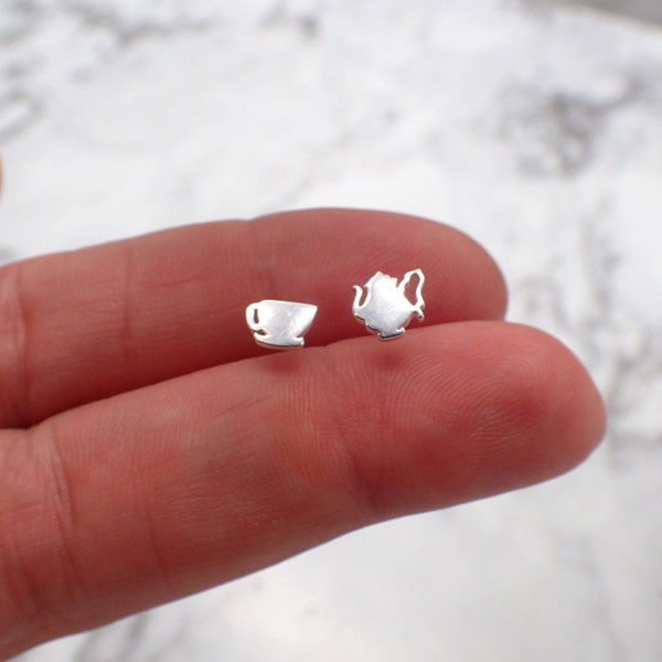 Tea Pot Tea Cup Earrings, Tea Time Earrings, Tea Pot Studs, Silver Tea Earrings, Silver Tea Cup, Tea Lover Gift, Tea Jewelry, Tea Pot Gift