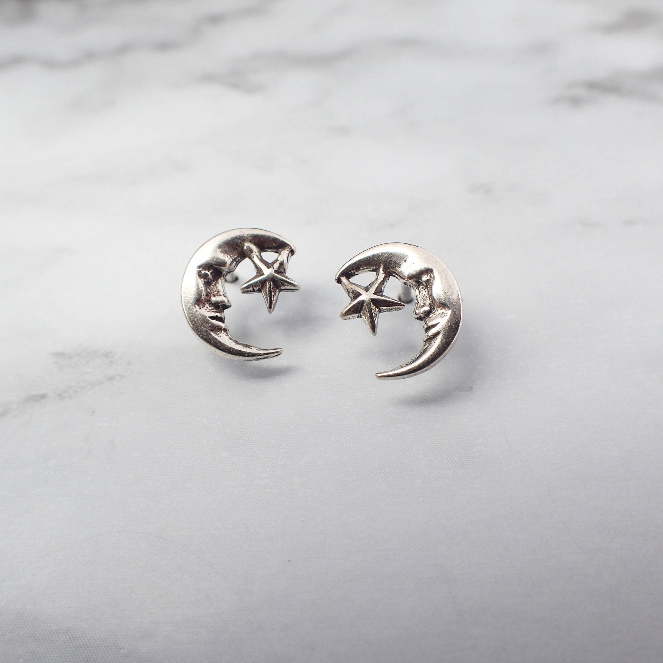 Moon and Star Stud Earrings, Silver Moon Stud Earrings