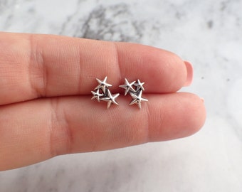 Dainty Sterling Silver Star Cluster Earrings | Minimalist Celestial Three Star Studs | Whimsical Space Jewelry Gift