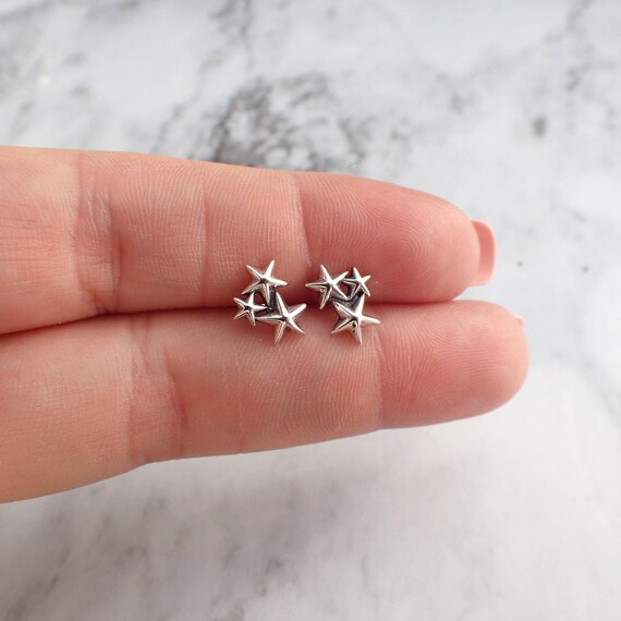 Silver Star Cluster Earrings Celestial Star Earrings 3 Star