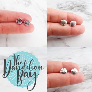 Ocean Earring Set, Sand Dollar Shell Wave Earrings, Silver Beach Studs, Sea Life Jewelry, Teen Earrings, Sterling Stud Set image 6