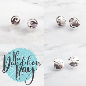 Ocean Earring Set, Sand Dollar Shell Wave Earrings, Silver Beach Studs, Sea Life Jewelry, Teen Earrings, Sterling Stud Set image 4