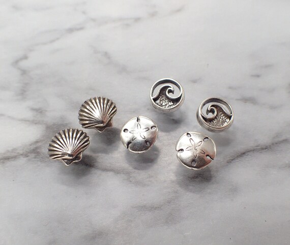 Ocean Earring Set, Sand Dollar Shell Wave Earrings, Silver Beach Studs, Sea Life Jewelry, Teen Earrings, Sterling Stud Set
