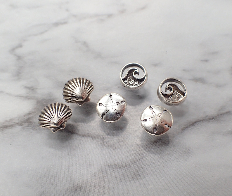 Ocean Earring Set, Sand Dollar Shell Wave Earrings, Silver Beach Studs, Sea Life Jewelry, Teen Earrings, Sterling Stud Set image 1