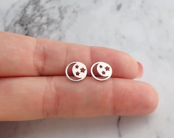 Moon and Star Stud Earrings, Silver Moon Stud Earrings, Celestial Earrings, Celestial Jewelry, Silver Star Earrings, Celestial Gift