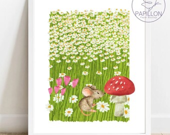 Arte infantil, decoración de pared infantil, impresión de pared de ratón, impresión de naturaleza, arte de pared caprichoso, arte de pared para habitación infantil, arte de ratón, impresión de pared floral