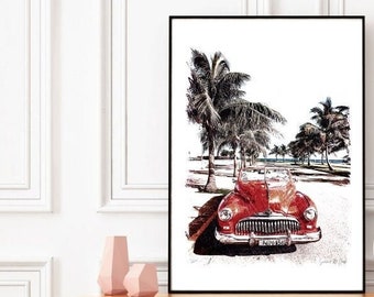 Classic Car Print, Classic Red Car Print, Classic Car Art, Travel Decor, Vintage Cars, Vintage Car Print, Cuba Photography, Pink Car