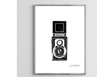 Vintage Kamera Kunst, Vintage Kamera Wanddruck, Fotografie Druck, Geschenk für Fotograf, Schwarz und weiß Wandkunst, minimalistische Wandkunst, Kunst