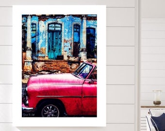 Classic Car Print, Classic Red Car Print, Classic Car Art, Travel Decor, Vintage Cars, Vintage Car Print, Cuba Photography, Pink Car