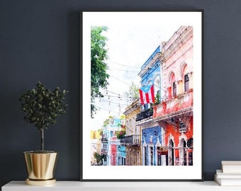 Old San Juan Puerto Rico Wall Art Painting, Digital Printable, Island Tropical Decor, San Juan Painting, Travel Poster, Art,Colorful Print