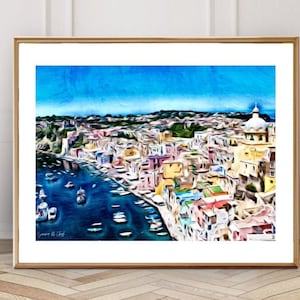 May include: A colorful painting of a coastal town with a blue sky and a body of water with boats. The town is built on a hillside and has many colorful buildings. The painting is in a style that resembles a watercolor.