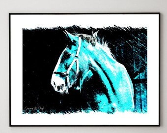 Horse Print, Horse Wall Art, Stallion Painting, Horse Painting, Blue Horse Print, Horse Wall Art, Blue Horse, Tuquoise Horse, Cowboy Print