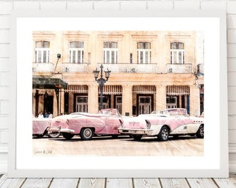 Classic Pink Car Print - Cuban Photography - Cuban Wall Decor - Havana Cuba Print - Architecture Print - Cuban Art - Travel Sketch