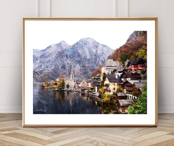 Hallstatt Austria Wall Art, Austria Painting, Austria Print, European Wall Art, Europe Print, Farmhouse Wall Decor, Old Town Print, Wall Art