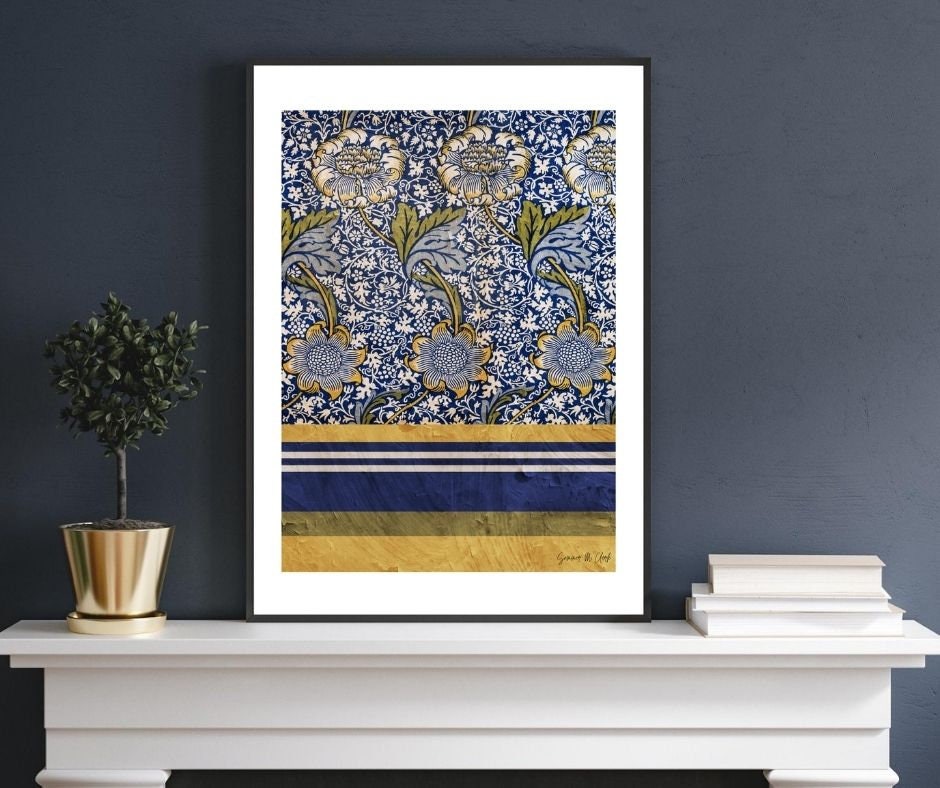 Blue and Gold Flower Wall Art, Boho Floral Wall Print, Flower Wall Art ...
