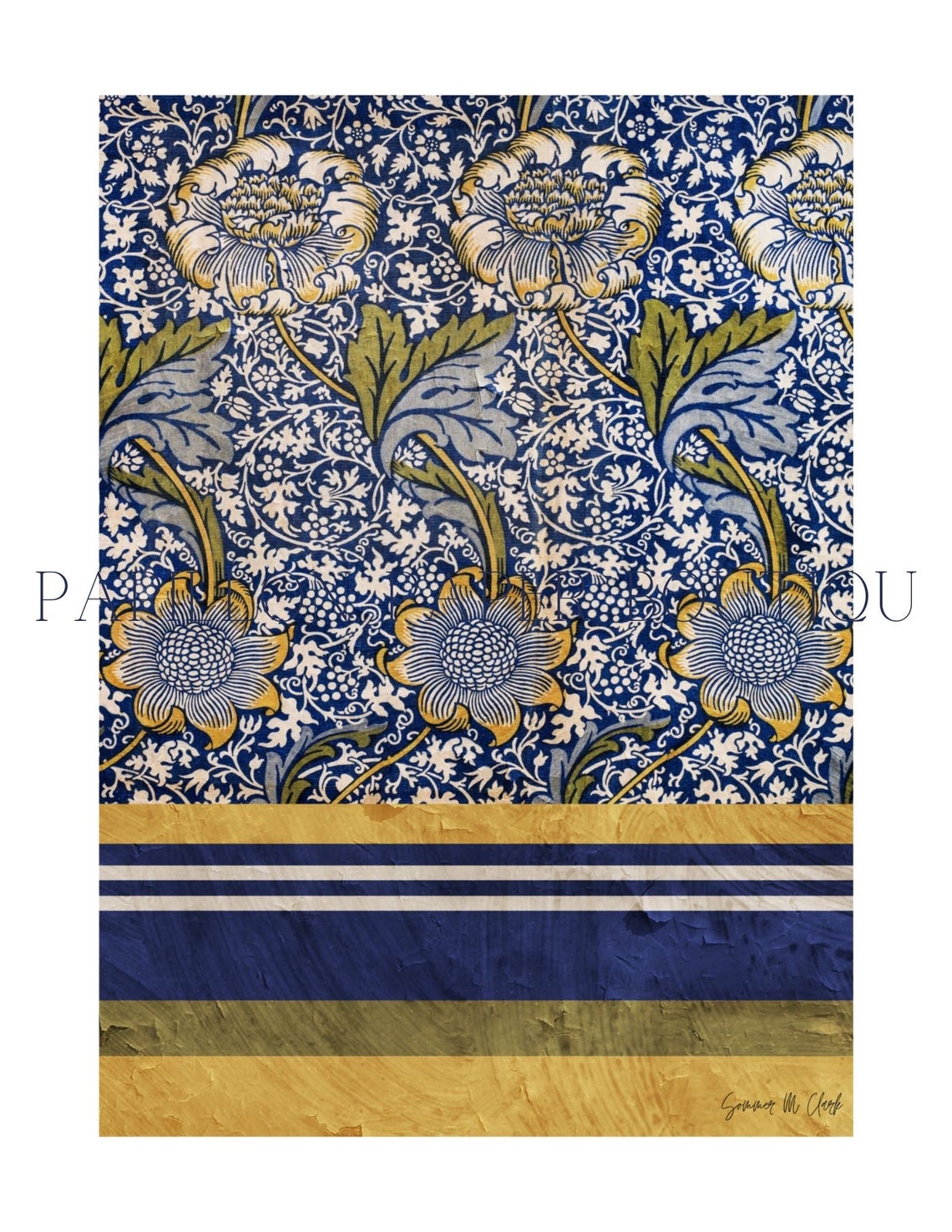 Blue and Gold Flower Wall Art, Boho Floral Wall Print, Flower Wall Art