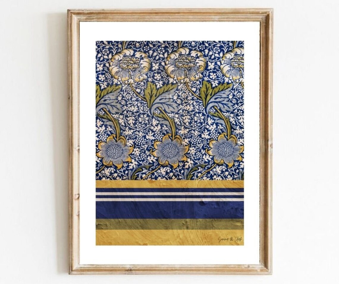Blue and Gold Flower Wall Art, Boho Floral Wall Print, Flower Wall Art
