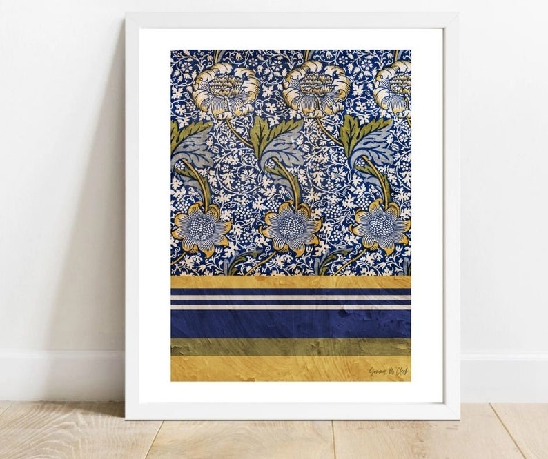 Blue and Gold Flower Wall Art, Boho Floral Wall Print, Flower Wall Art ...