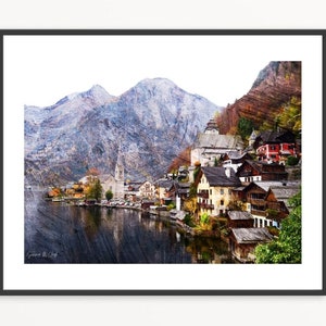 Peut inclure: Une peinture d'un petit village nich&eacute; dans une vall&eacute;e entre deux montagnes. Le village est compos&eacute; de diff&eacute;rents b&acirc;timents, dont une &eacute;glise avec un haut clocher. Les montagnes sont couvertes de neige et le ciel est bleu clair.