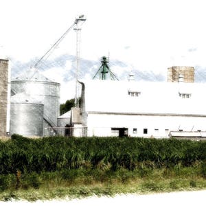 May include: An artistic rendering of a rural farm scene. A white barn with a white roof is in the center, with a tall silo and metal grain bins to the left. Green crops are in the foreground.