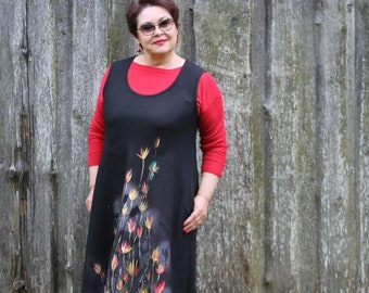 Black linen dress with hand painted flowers for fashion-conscious women,  Dresses designed in Latvia by Agnese Valiniece