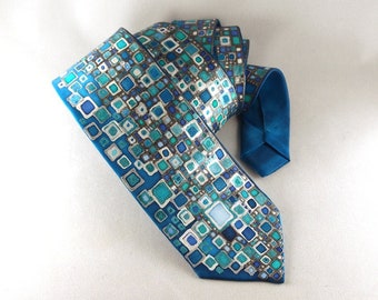 Turquoise Hand Painted Tie, Classic Men Silk Tie, Necktie for Men, Silk tie with art, Christmas present men