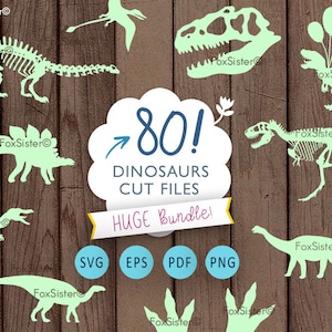 K&ouml;nnte beinhalten: Ein digitaler Download von 80 Dinosaurier-Schnittdateien in den Formaten SVG, EPS, PDF und PNG. Das Bild zeigt eine Vielzahl von Dinosauriern, darunter einen T-Rex, einen Stegosaurus und einen Brachiosaurus. Die Dinosaurier sind alle in einem hellgr&uuml;nen Farbton gehalten und vor einem Holz Hintergrund platziert.
