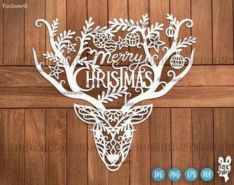 God jul hjort Svg klippfil, jul Clipart, renvektor, ren Svg, FoxSister, hjorthuvud Svg, klippfil Cricut Silhouette