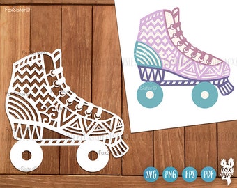 May include: Two roller skate designs. One is a white cut-out with intricate patterns, the other is a colorful illustration with purple, blue, and teal accents. The designs are on a wooden background.