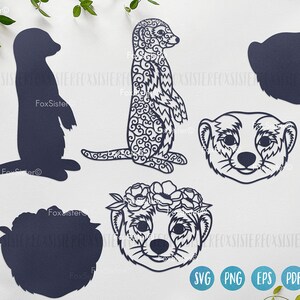 May include: A digital download of five SVG cut files featuring a meerkat with a floral design, a meerkat with a simple design, a meerkat head, a meerkat with a flower crown, and a circle. The files are available in SVG, PNG, EPS, and PDF formats.
