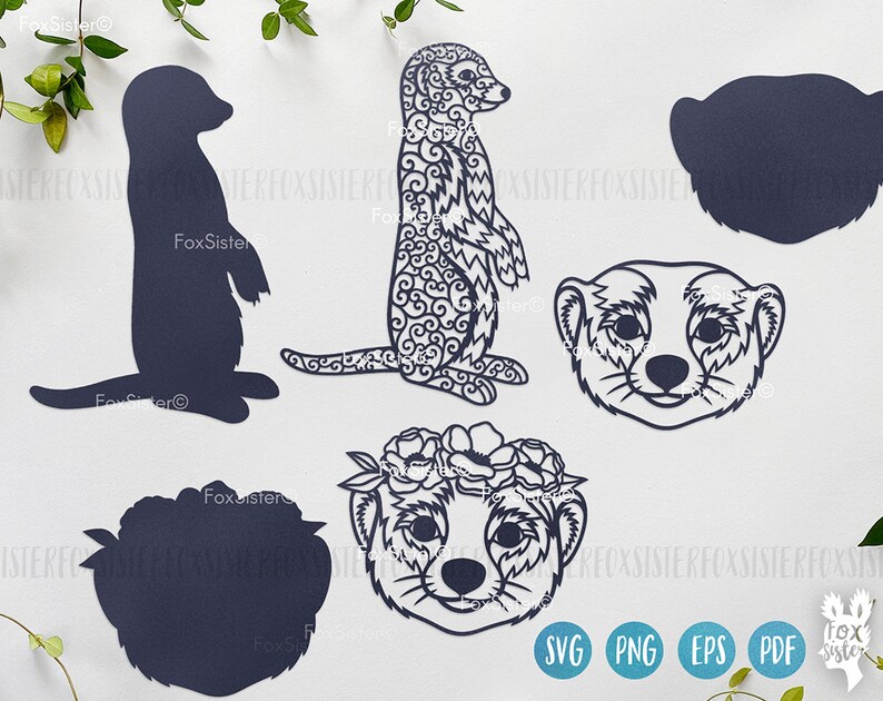 May include: A digital download of five SVG cut files featuring a meerkat with a floral design, a meerkat with a simple design, a meerkat head, a meerkat with a flower crown, and a circle. The files are available in SVG, PNG, EPS, and PDF formats.