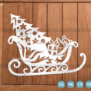 Plik do cięcia sań svg, sanie Świętego Mikołaja svg, Boże Narodzenie svg, prezenty svg, prezenty svg, zabawki svg, sylwetka, Cricut, Cameo, sanie świąteczne svg