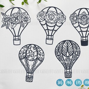 May include: Set of five black and white hot air balloon SVG cut files. Each balloon features a different floral or geometric design.