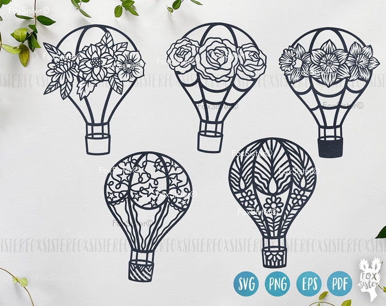 May include: Set of five black and white hot air balloon SVG cut files. Each balloon features a different floral or geometric design.