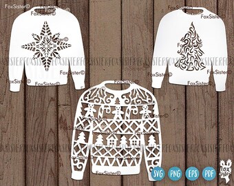 Op de afbeelding: Drie witte kersttrui-ontwerpen met ingewikkelde uitsnijdingen. De ontwerpen omvatten een sneeuwvlok, een kerstboom en een patroon met peperkoekmannetjes, snoepstokken en kerstbomen.