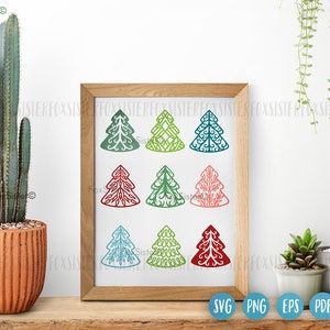 May include: A digital download of nine different Christmas tree designs. The trees are all in a similar style, with intricate details and a variety of colors, including green, red, blue, and pink.