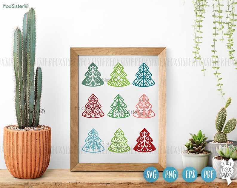 May include: A digital download of nine different Christmas tree designs. The trees are all in a similar style, with intricate details and a variety of colors, including green, red, blue, and pink.