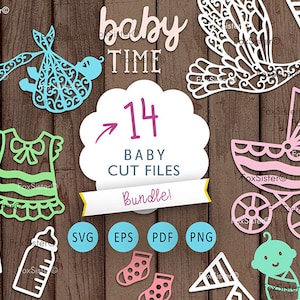 Paquete de Svg de Baby Shower, Archivos de corte para bebés, Clipart vectorial de bebés, Svg de bebé recién nacido, Svg de biberón, Svg de cigüeña, Svg de cuna para Cricut y Silhouette
