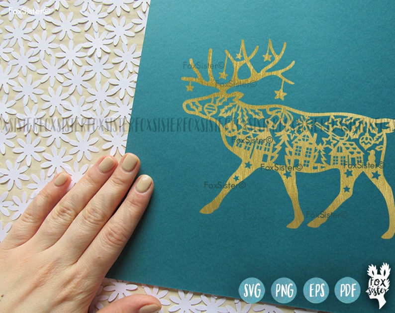 Animal village Paper Cut file winter svg |deer antlers Reindeer Christmas Deer present for Cricut Deer svg Papercut Template