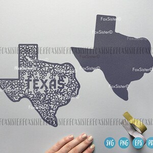May include: Two dark gray Texas state cutouts. One is a solid silhouette, the other is a detailed floral design with the word "TEXAS" in the center. The image includes SVG, PNG, EPS, and PDF icons.