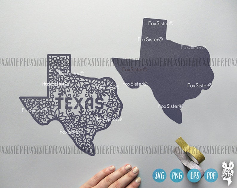 May include: Two dark gray Texas state cutouts. One is a solid silhouette, the other is a detailed floral design with the word "TEXAS" in the center. The image includes SVG, PNG, EPS, and PDF icons.