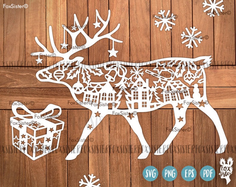 Animal village Paper Cut file winter svg |deer antlers Reindeer Christmas Deer present for Cricut Deer svg Papercut Template